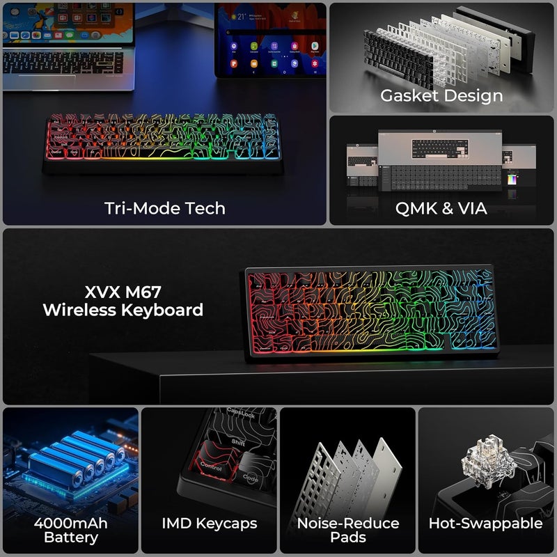 HITIME x XVX M67 60% Percent Keyboard Wireless, QMK/VIA Topographic Gaming Keyboard, Tri-Mode Thocky Creamy Mechanical Key Board, Hot Swappable Mount RGB IMD Tech for Win/Mac, Black - Image 2
